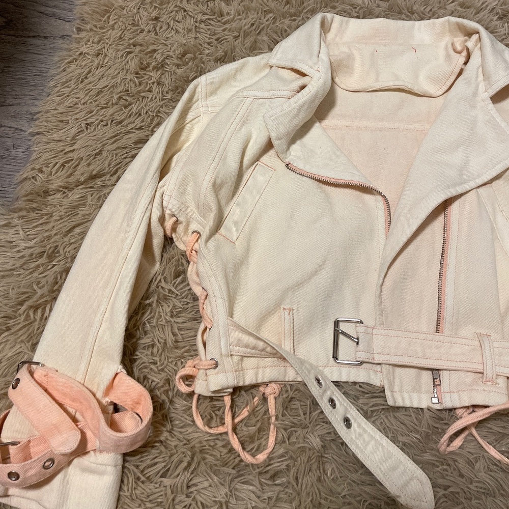 Vintage pink cropped denim Moto jacket